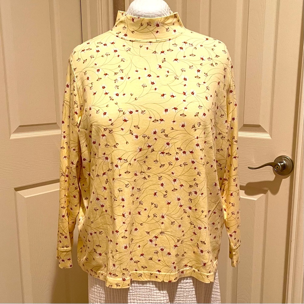 2X Butter Yellow/Floral Pattern Lands’ End Relaxed Fit Mockneck/Turtleneck